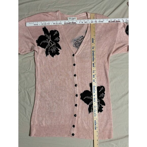 Vintage Jane Smith Santa Fe Silk Pink Cardigan Sweater Black Floral M Women's - Picture 2 of 6